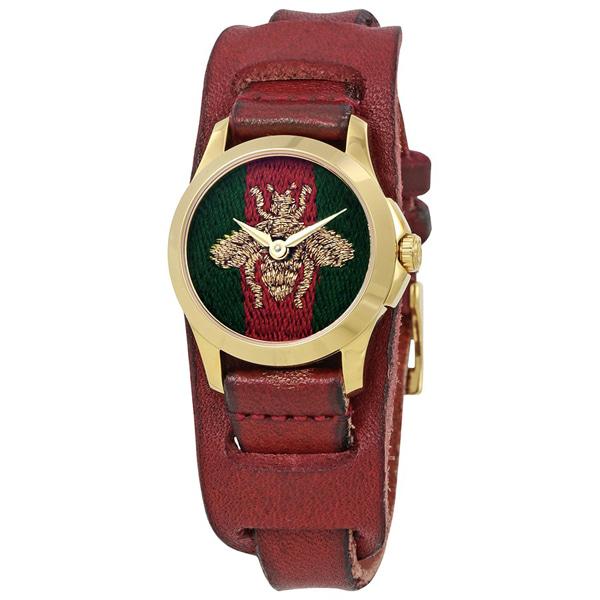 [추가비용없음] 구찌 YA126546 G-Timeless Green and Red Nylon Dial Ladies Cuff Leather 27mm Watch