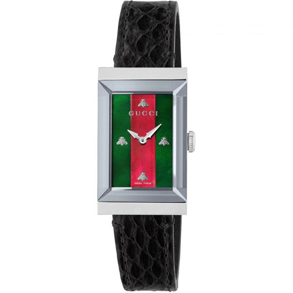 [추가비용없음] 구찌 YA147403 G-Frame Green Leather Band Case Quartz Red Dial Analog Watch