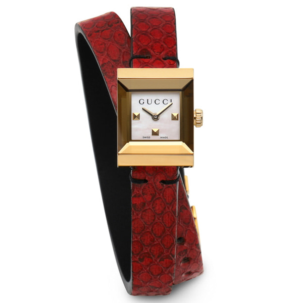 [추가비용없음] 구찌 GUCCI YA128524 G-Frame 14mm white shell &amp; red leather belt Ladies Watch