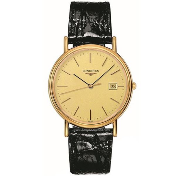 LONGINES L4.790.2.32.2 Presence Gold-tone Dial Black Leather Strap Mens Watch